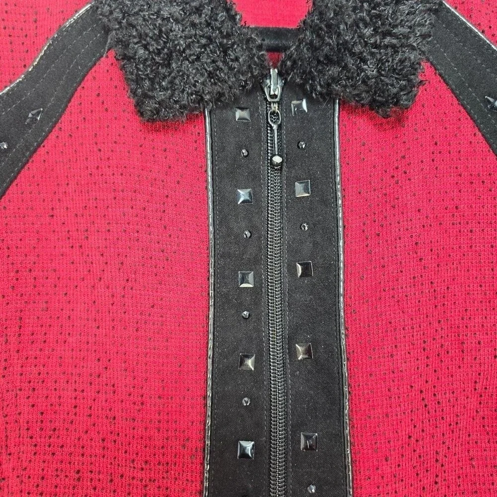 Nancy Bolen Petites City Girl Red Black Studded Skirt Suit Set Faux Fur Trim 90s